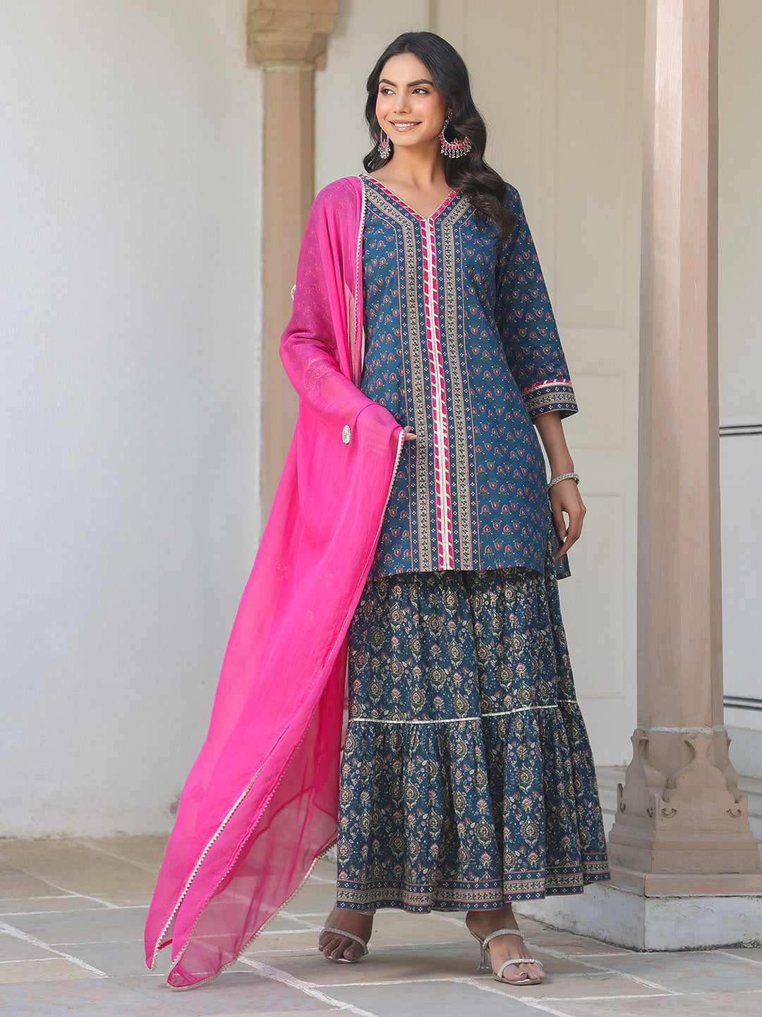 Ninnique Women's Dark Blue Pure Cotton Floral Printed Straight Kurta With Sharara & Dupatta Set