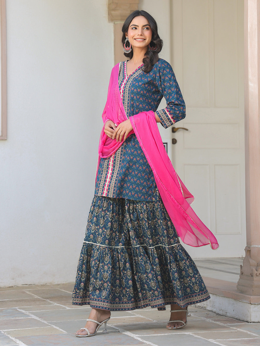 Ninnique Women's Dark Blue Pure Cotton Floral Printed Straight Kurta With Sharara & Dupatta Set