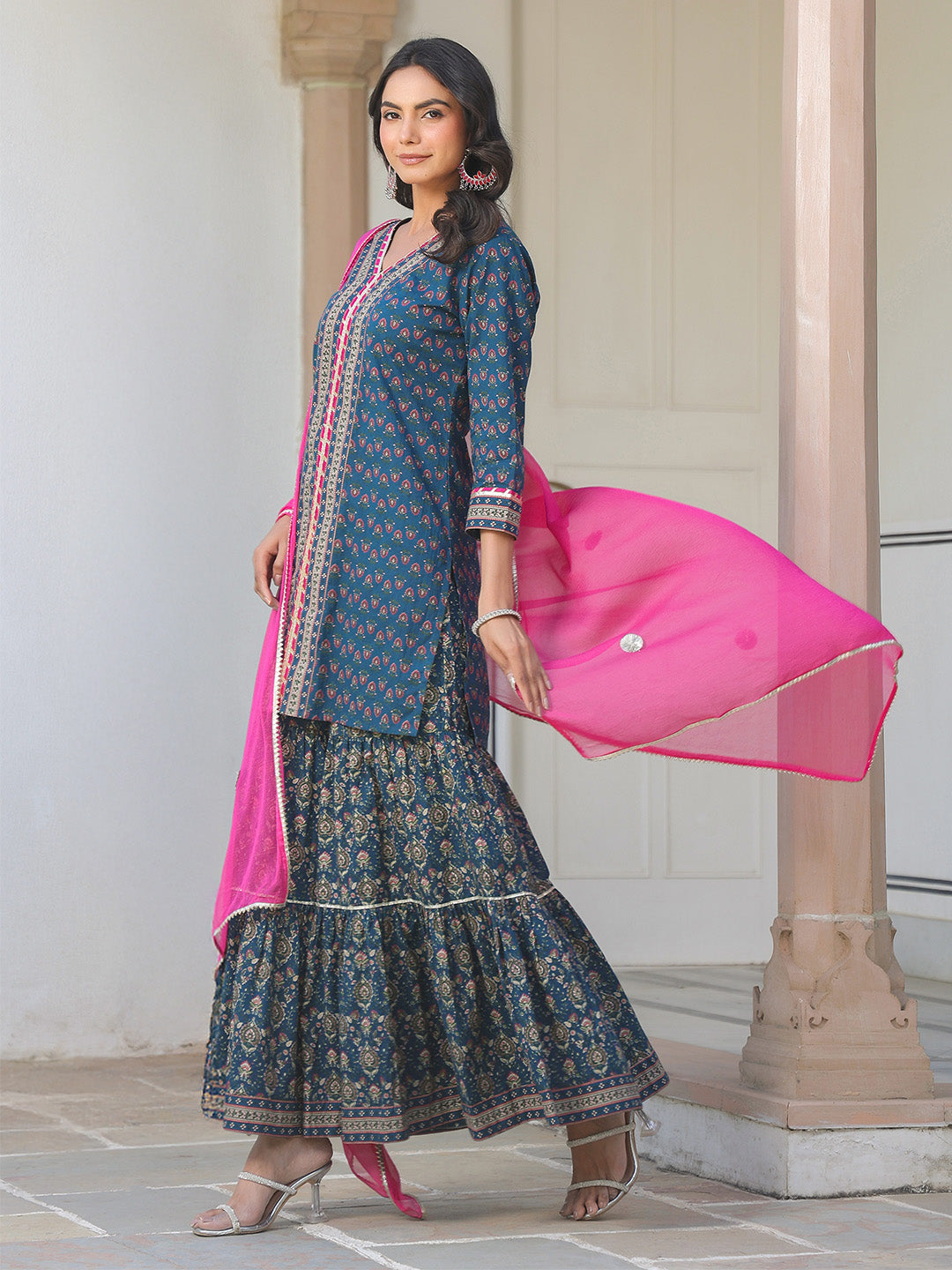 Ninnique Women's Dark Blue Pure Cotton Floral Printed Straight Kurta With Sharara & Dupatta Set
