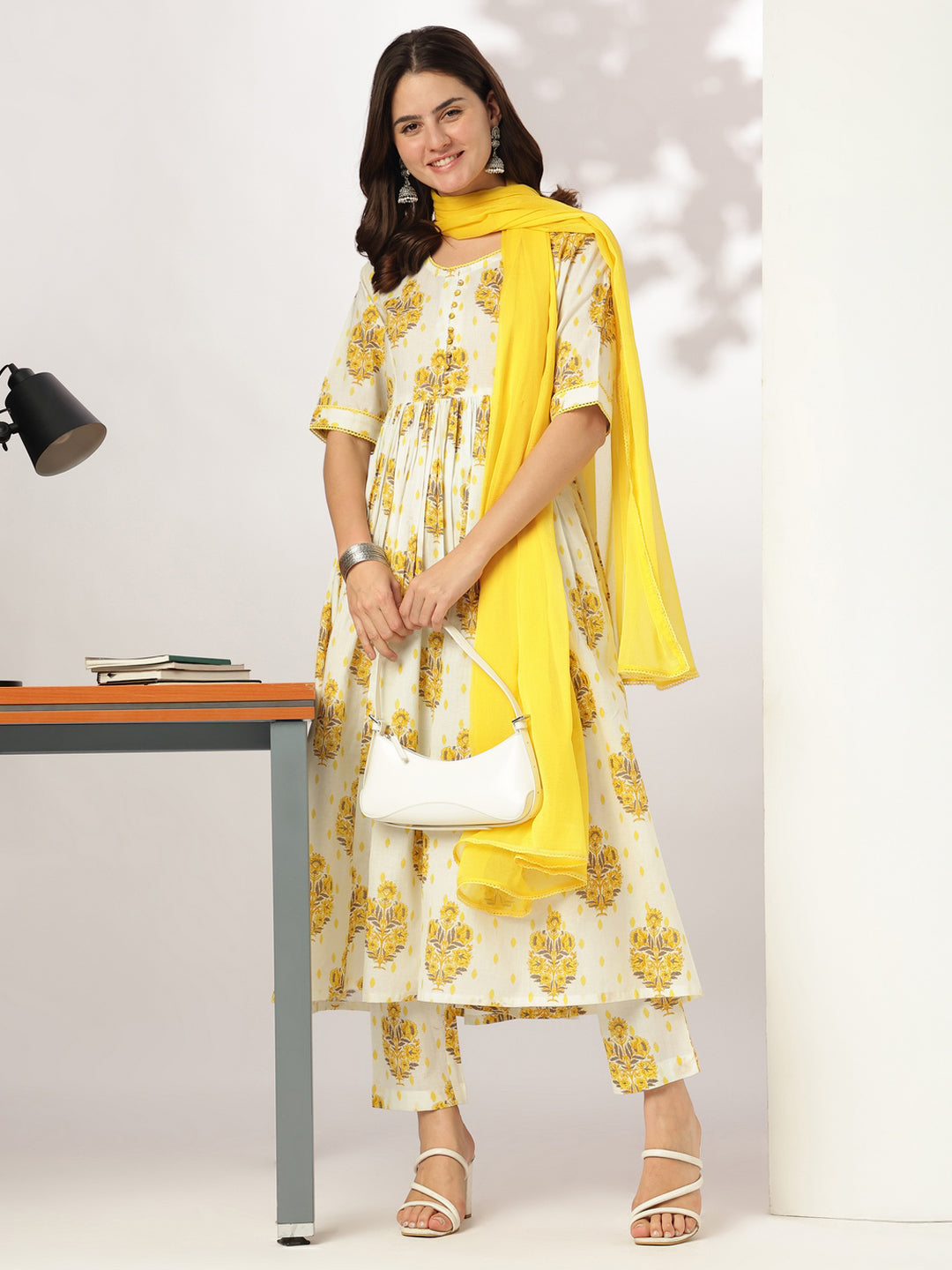 Ninnique Women's Off White Pure Cotton Floral Printed A-line Kurta Set