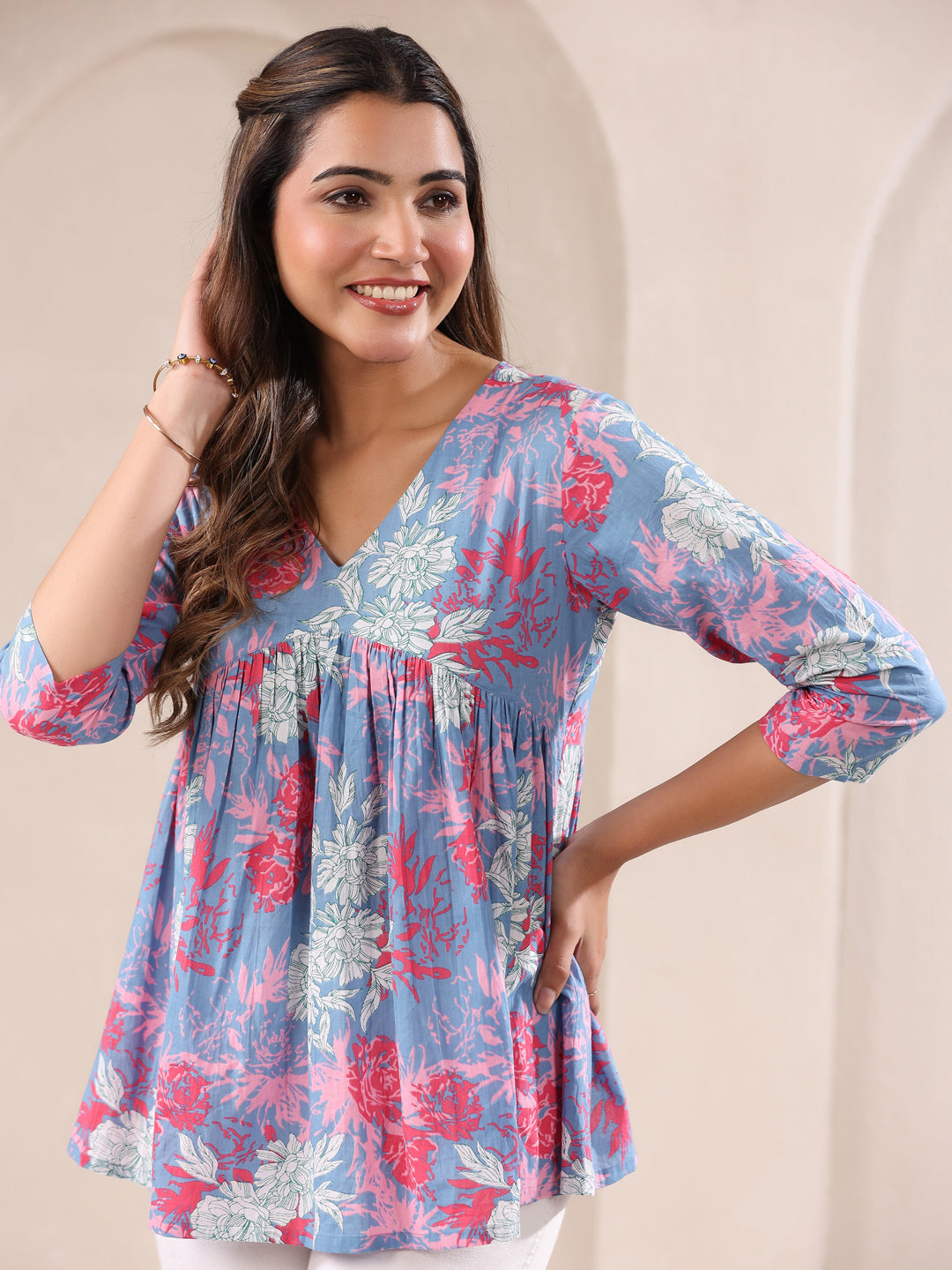 Ninnique Women's Blue Pure Cotton Floral Printed A-line Top