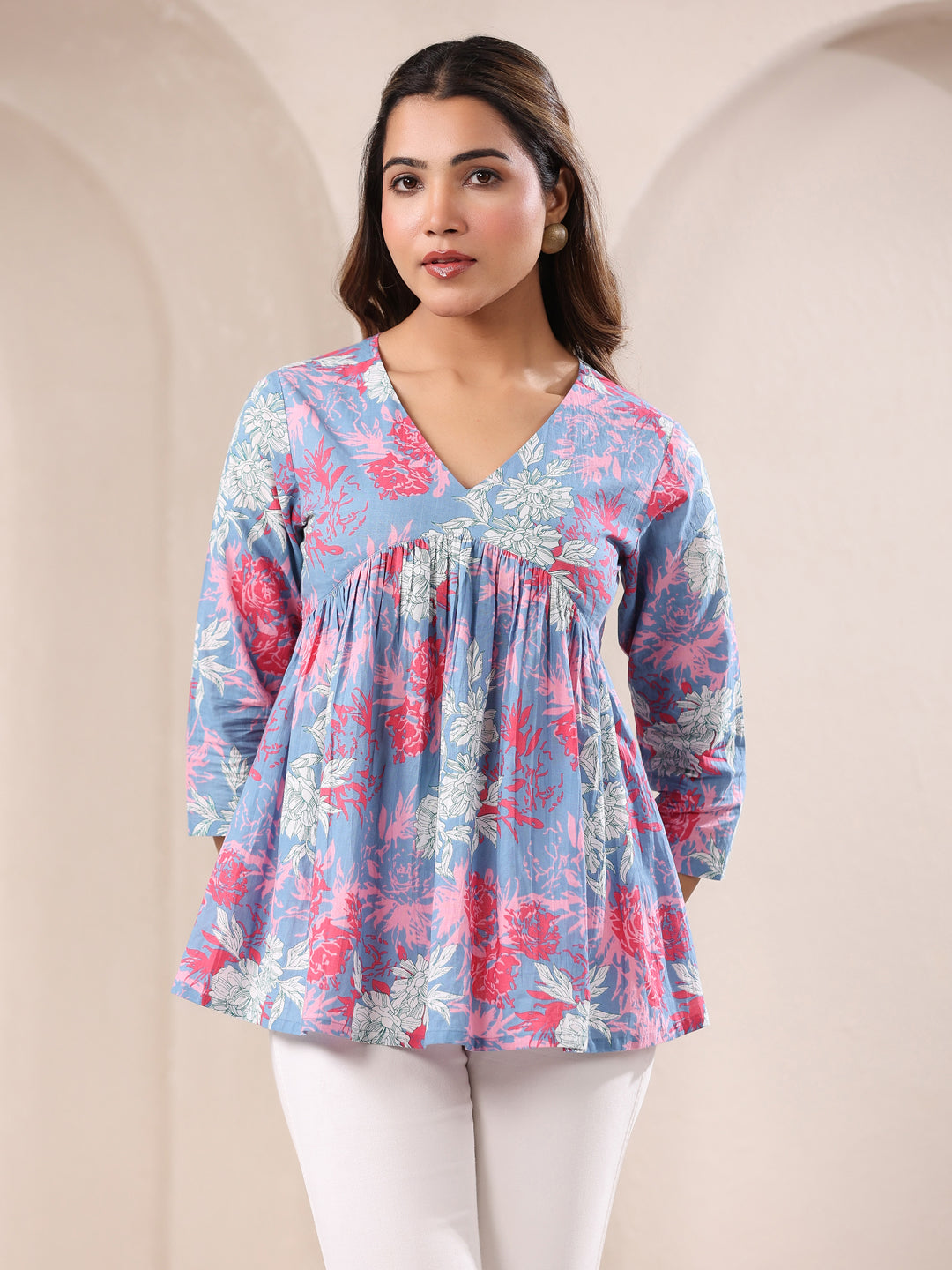 Ninnique Women's Blue Pure Cotton Floral Printed A-line Top