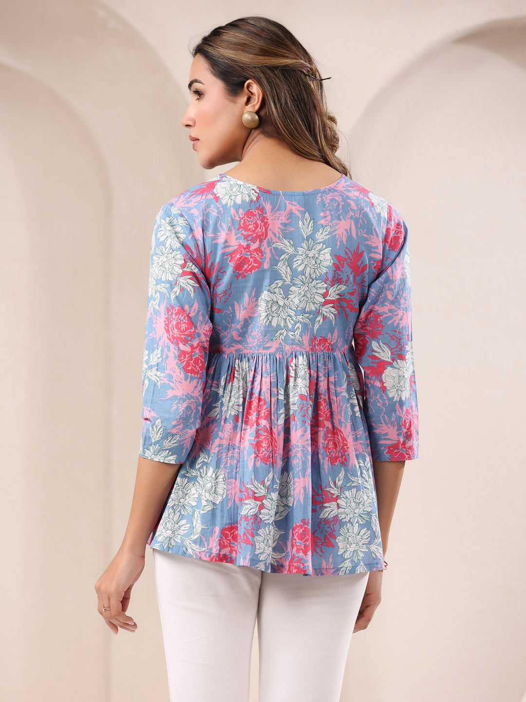 Ninnique Women's Blue Pure Cotton Floral Printed A-line Top