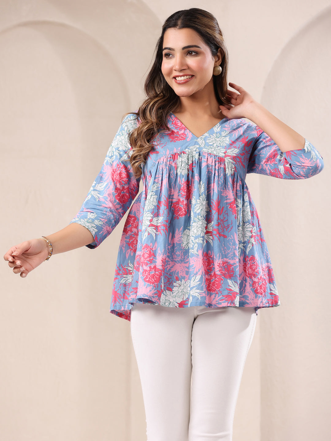 Ninnique Women's Blue Pure Cotton Floral Printed A-line Top