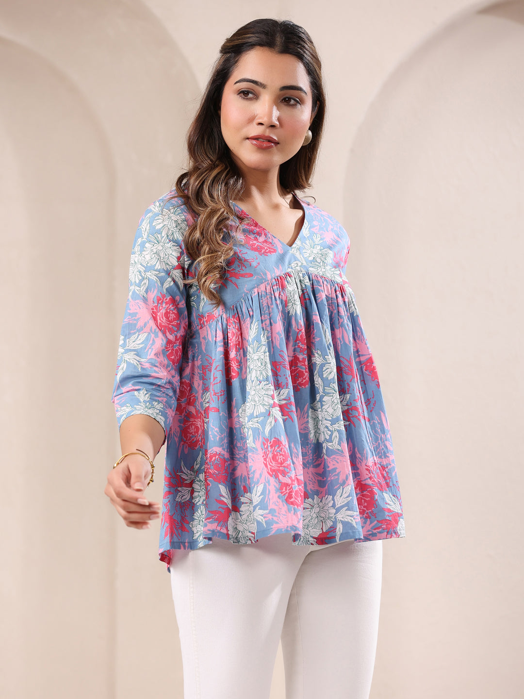 Ninnique Women's Blue Pure Cotton Floral Printed A-line Top