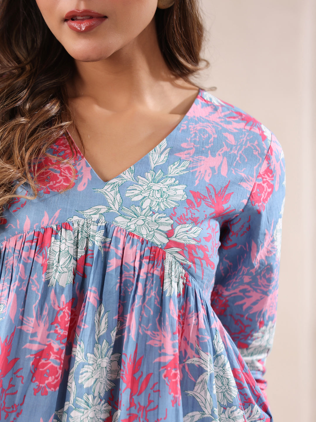 Ninnique Women's Blue Pure Cotton Floral Printed A-line Top