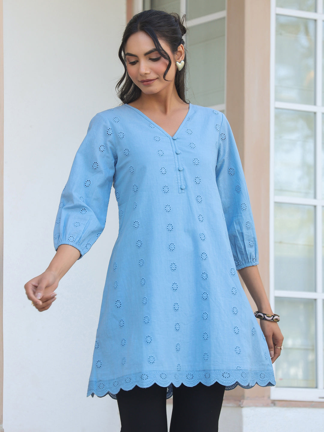 Ninnique Women's Light Blue Pure Cotton Schiffli Embroidered A-line Tunic