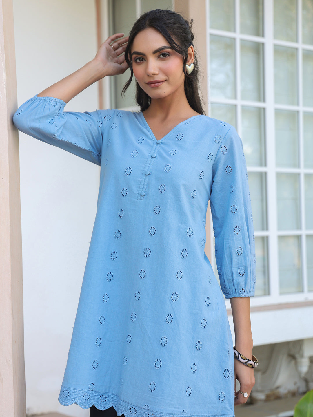 Ninnique Women's Light Blue Pure Cotton Schiffli Embroidered A-line Tunic