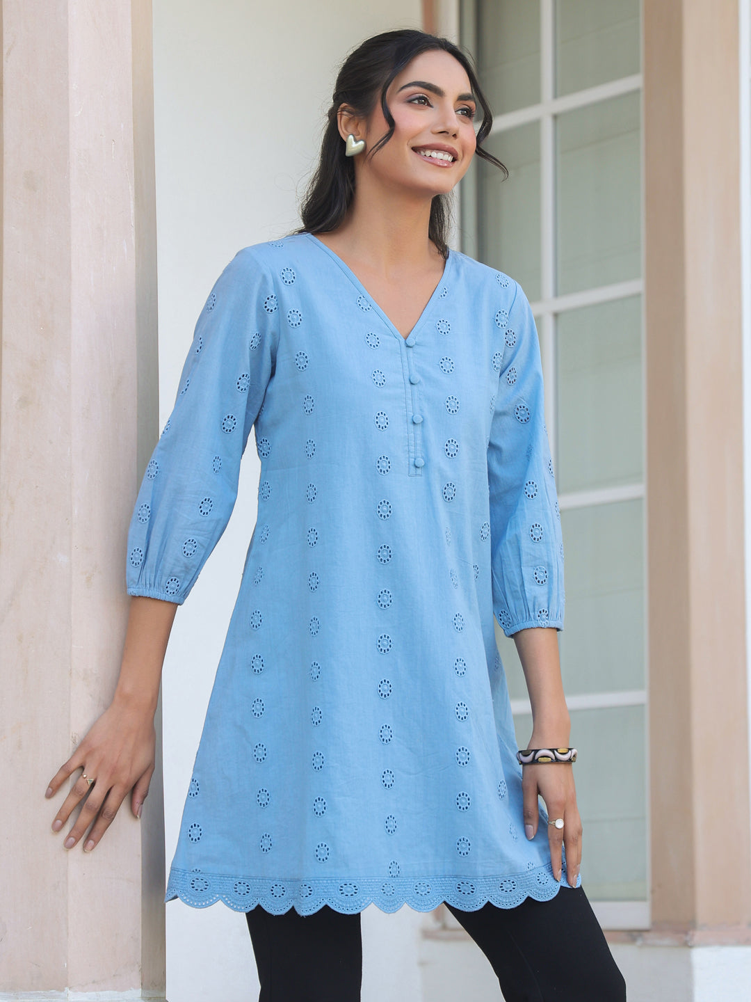 Ninnique Women's Light Blue Pure Cotton Schiffli Embroidered A-line Tunic