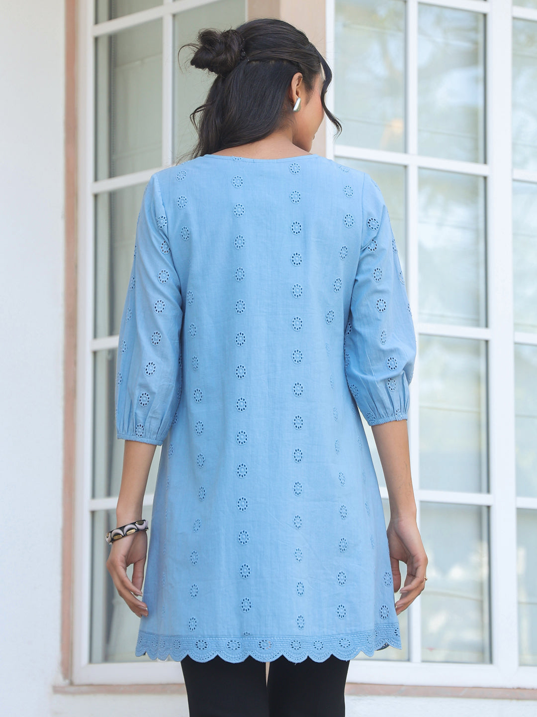 Ninnique Women's Light Blue Pure Cotton Schiffli Embroidered A-line Tunic