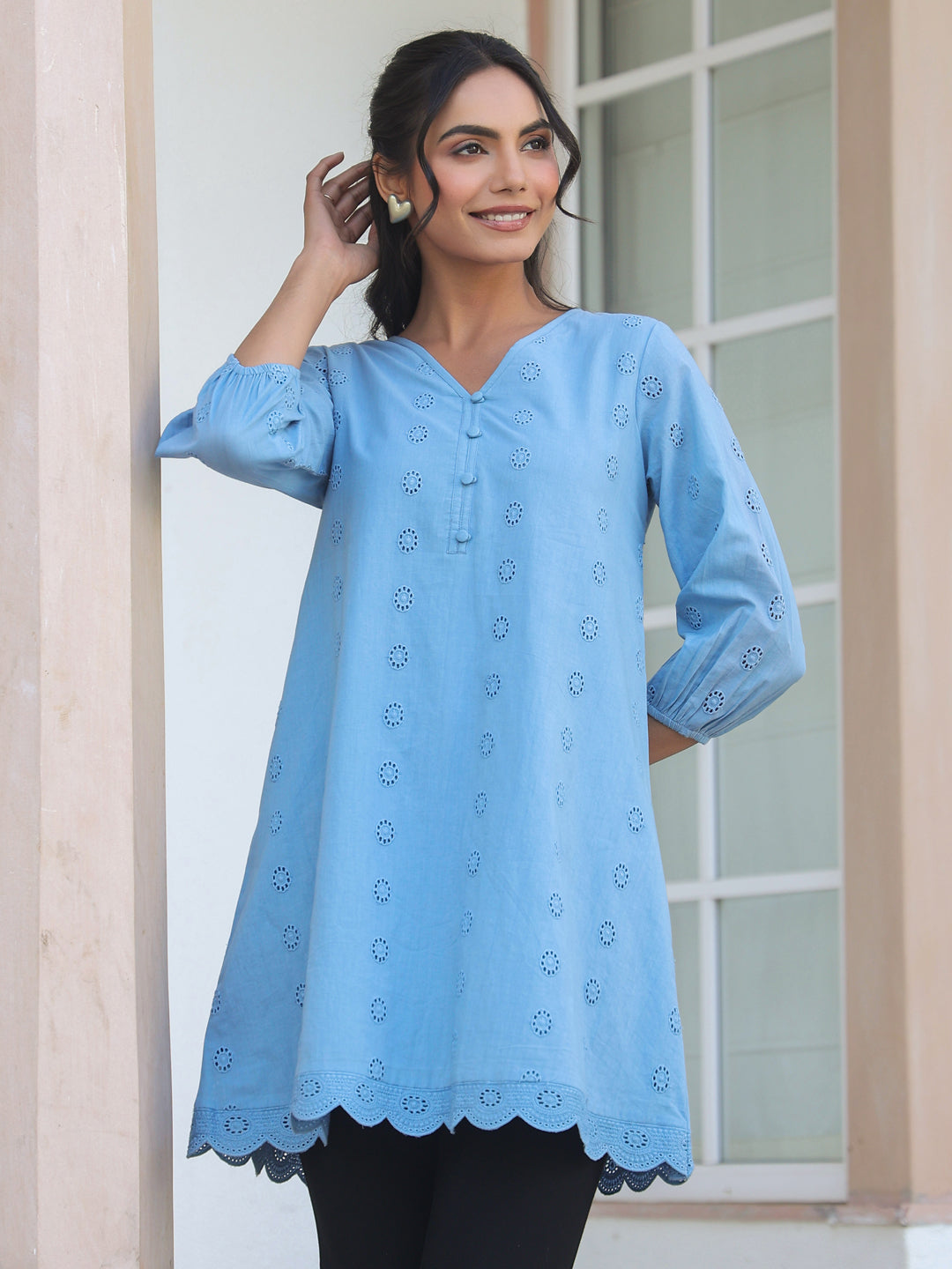 Ninnique Women's Light Blue Pure Cotton Schiffli Embroidered A-line Tunic