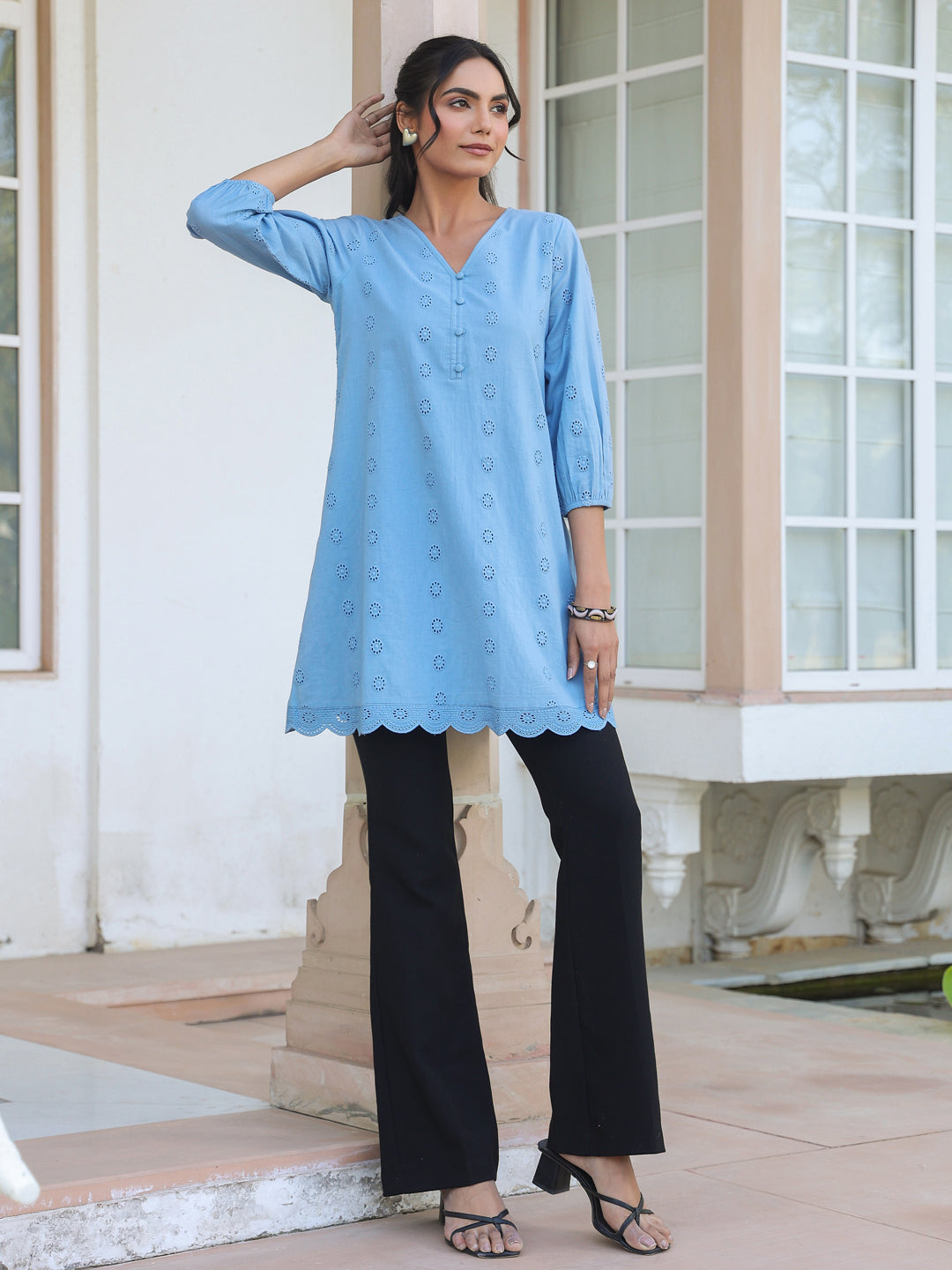 Ninnique Women's Light Blue Pure Cotton Schiffli Embroidered A-line Tunic