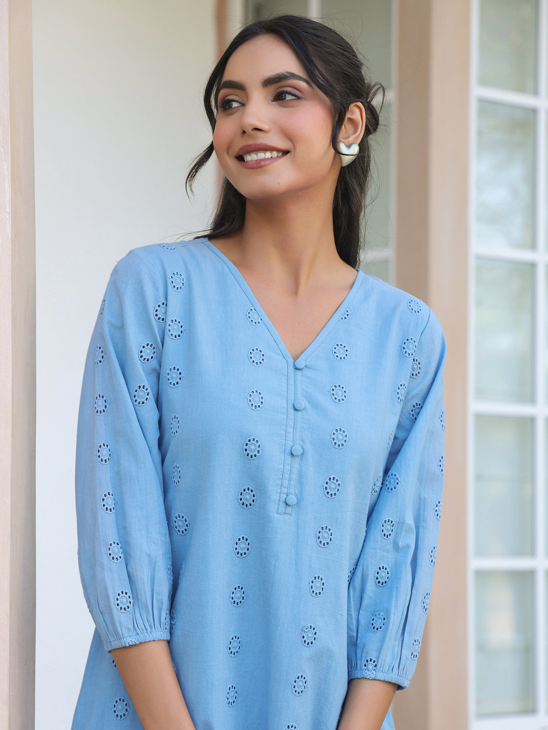 Ninnique Women's Light Blue Pure Cotton Schiffli Embroidered A-line Tunic
