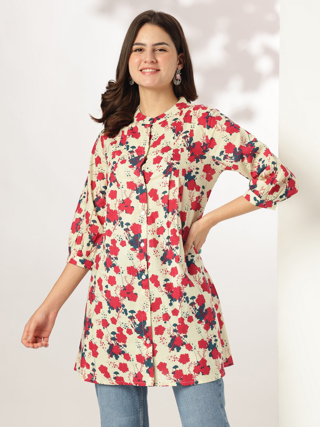 Cream Pure Cotton Floral Printed A-line Tunic