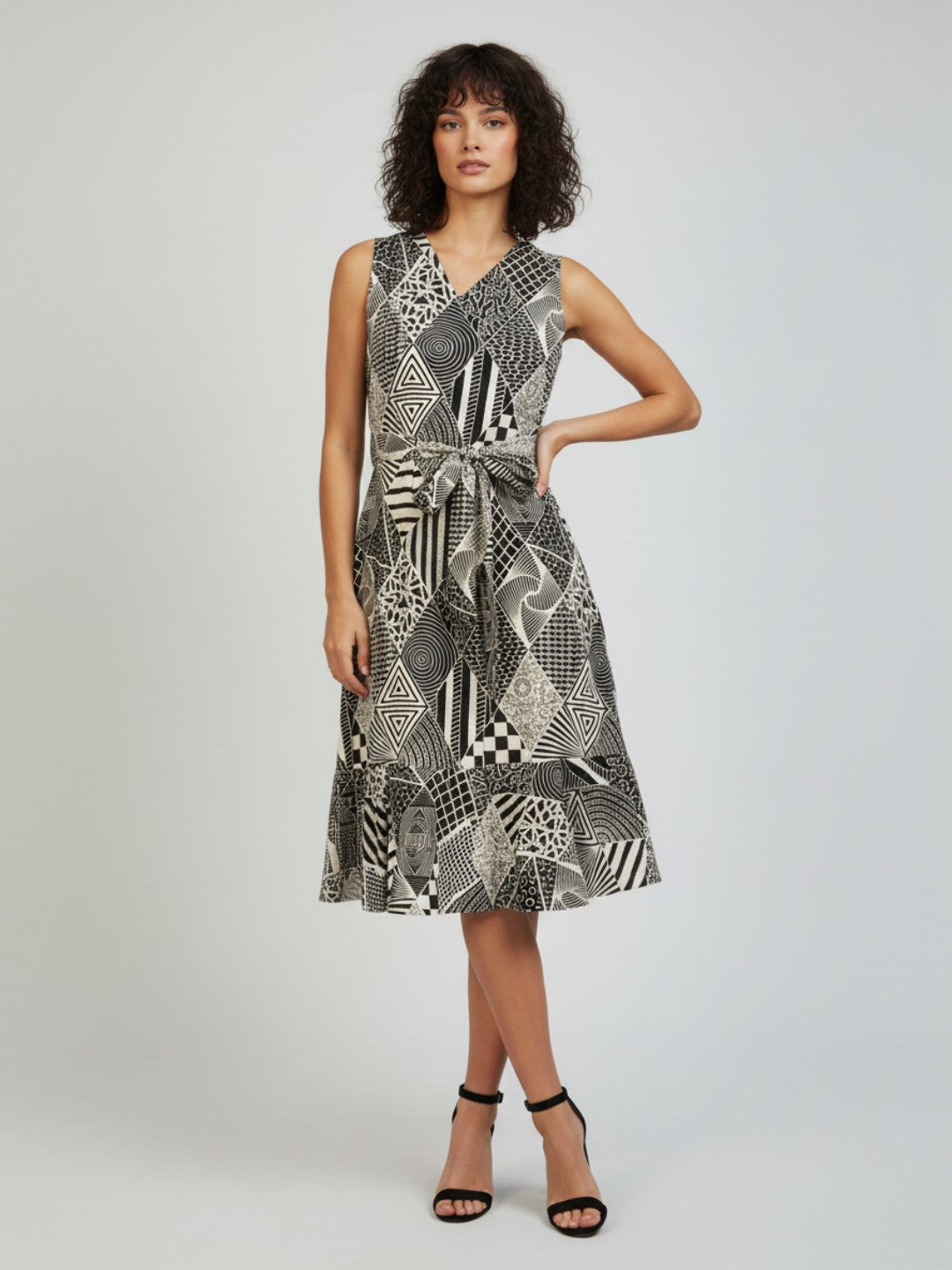 Ninnique Women's White Pure Cotton Geometric Printed A-line Dress