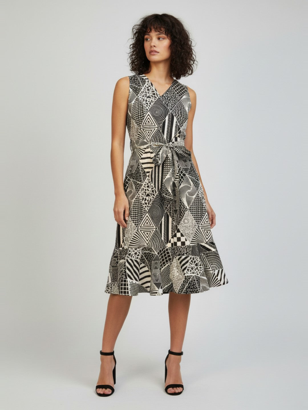 Ninnique Women's White Pure Cotton Geometric Printed A-line Dress