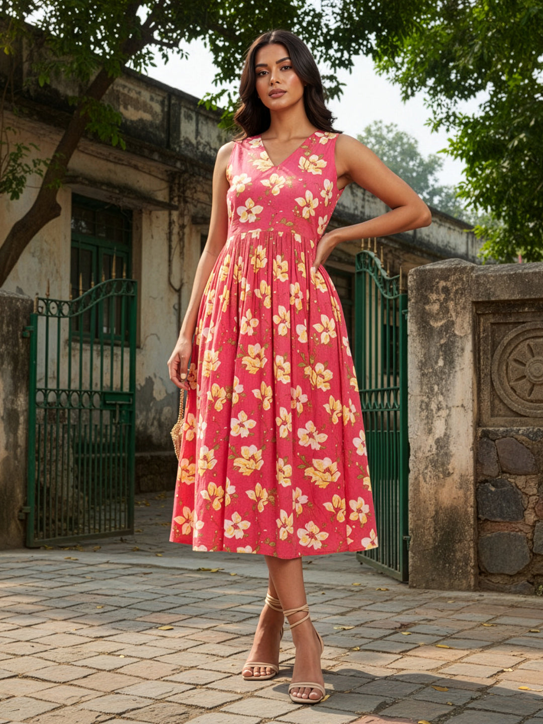 Ninnique Women's Pink Pure Cotton Floral Printed A-line Dress