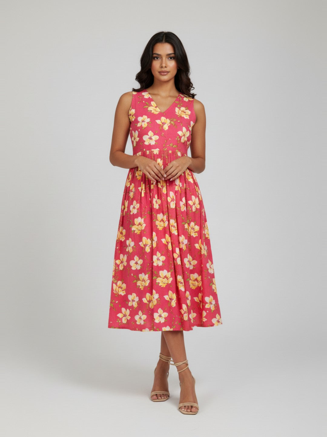 Ninnique Women's Pink Pure Cotton Floral Printed A-line Dress