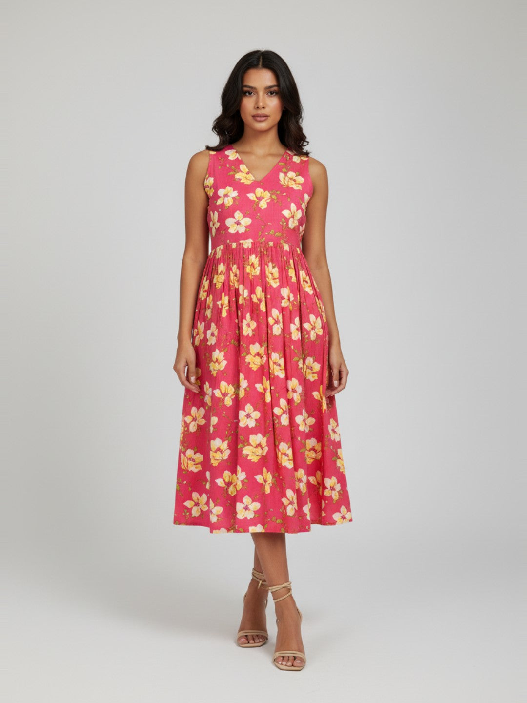 Ninnique Women's Pink Pure Cotton Floral Printed A-line Dress