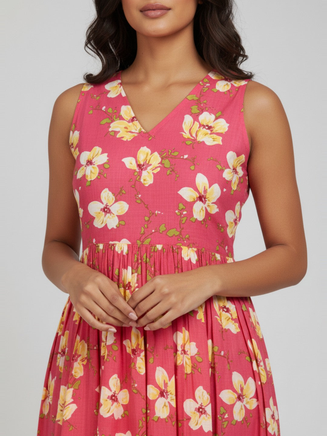 Ninnique Women's Pink Pure Cotton Floral Printed A-line Dress