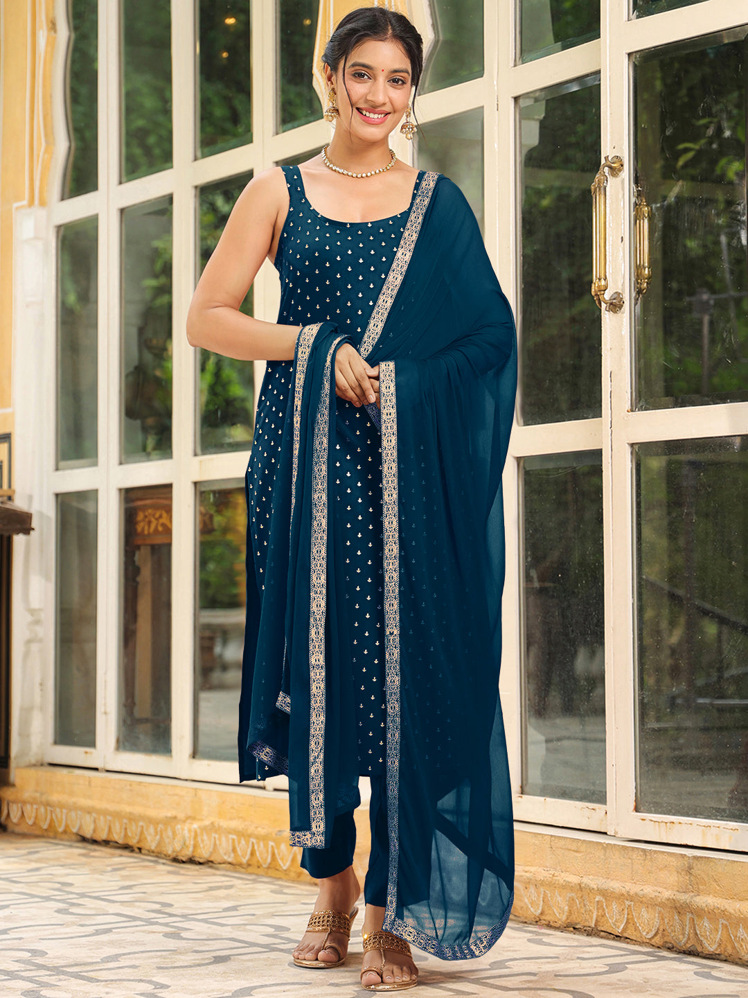 Ninnique Women's Teal Blue Rayon Foil Printed Straight Kurta Set