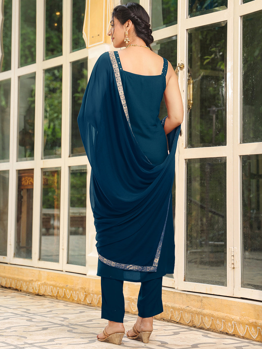 Ninnique Women's Teal Blue Rayon Foil Printed Straight Kurta Set