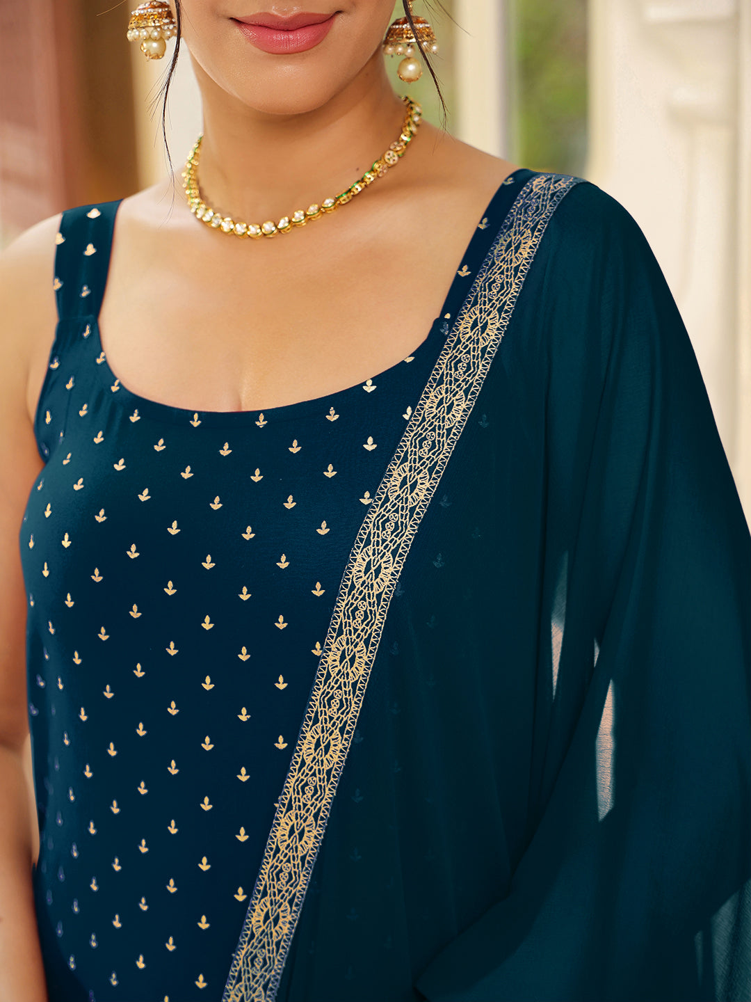 Ninnique Women's Teal Blue Rayon Foil Printed Straight Kurta Set