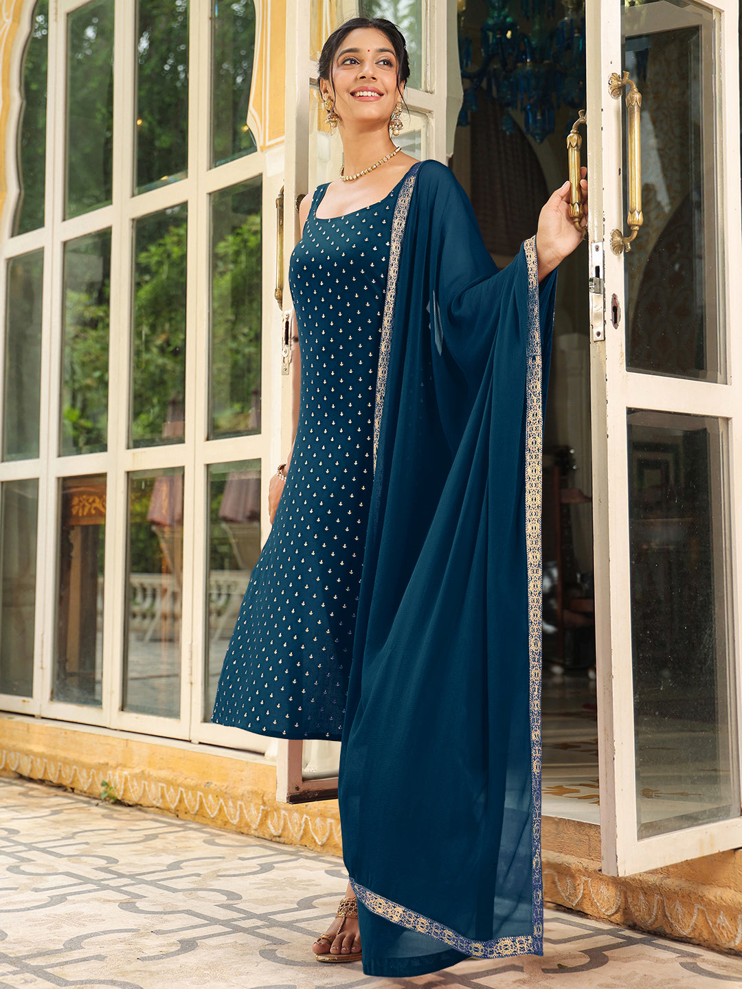 Ninnique Women's Teal Blue Rayon Foil Printed Straight Kurta Set