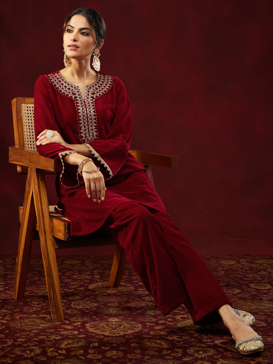 Ninnique Women's Maroon Velvet Zari Yoke Embroidered Straight Co-ord Set
