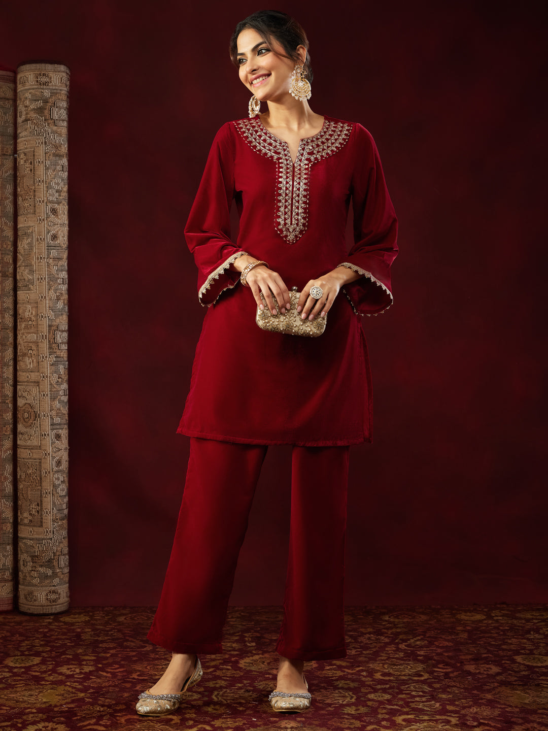 Ninnique Women's Maroon Velvet Zari Yoke Embroidered Straight Co-ord Set