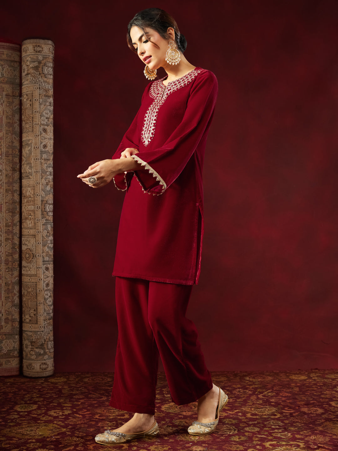 Ninnique Women's Maroon Velvet Zari Yoke Embroidered Straight Co-ord Set