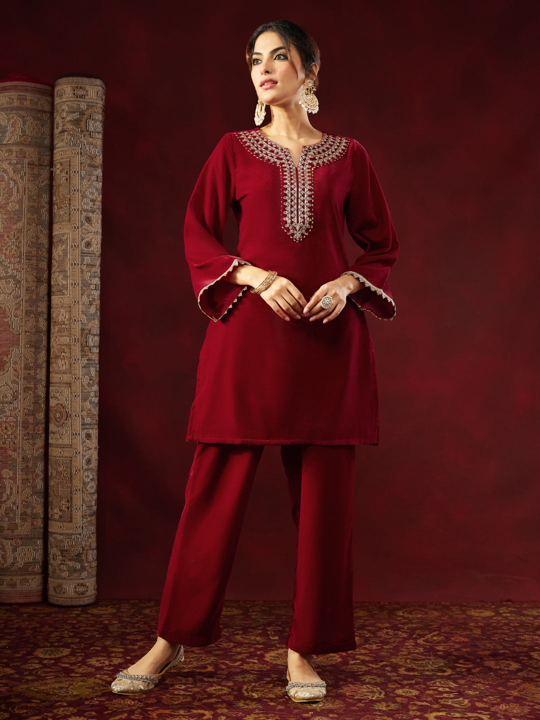 Ninnique Women's Maroon Velvet Zari Yoke Embroidered Straight Co-ord Set