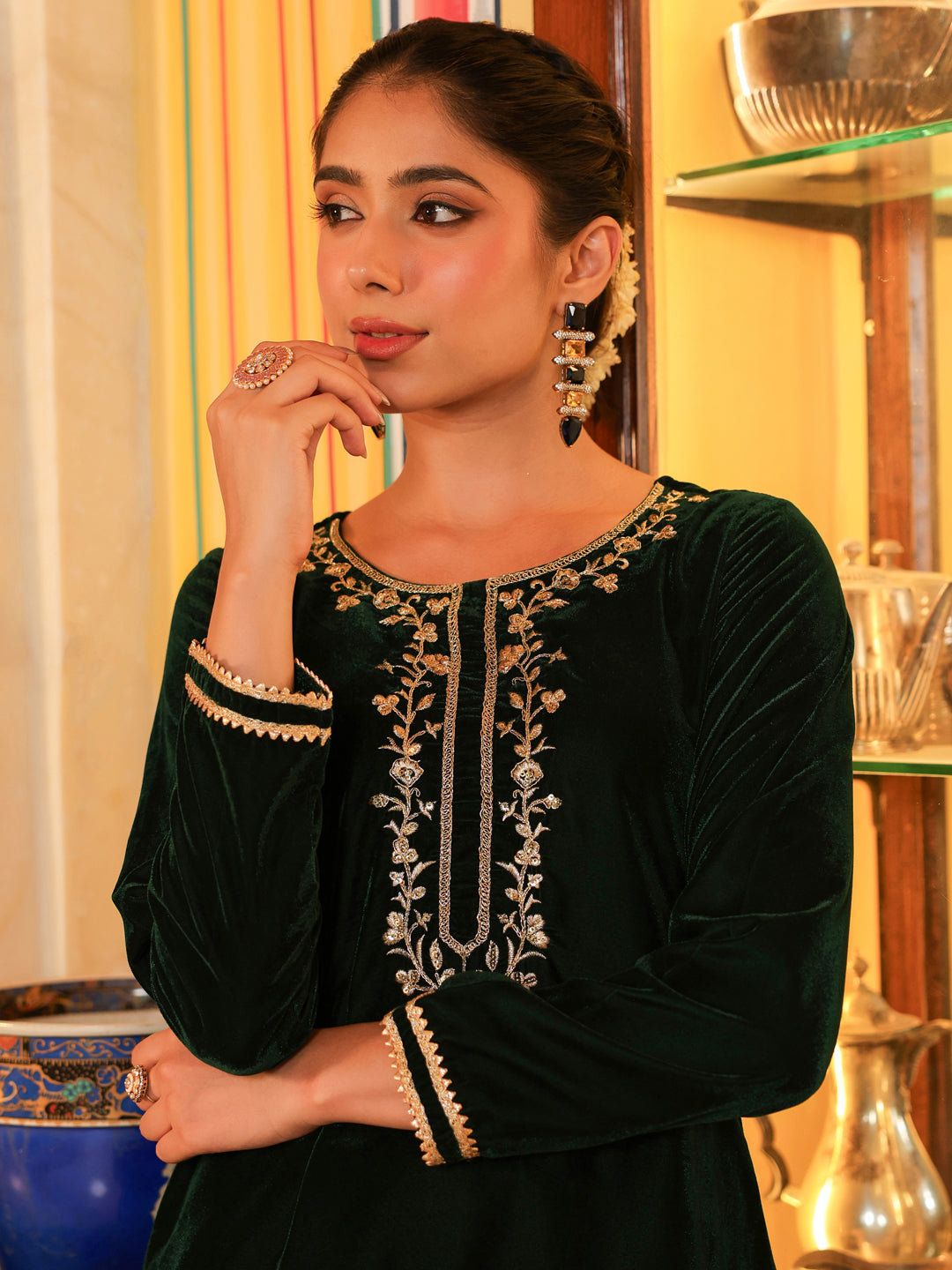 Ninnique Women's Bottle Green Velvet Yoke Embroidered Straight Co-ord Set