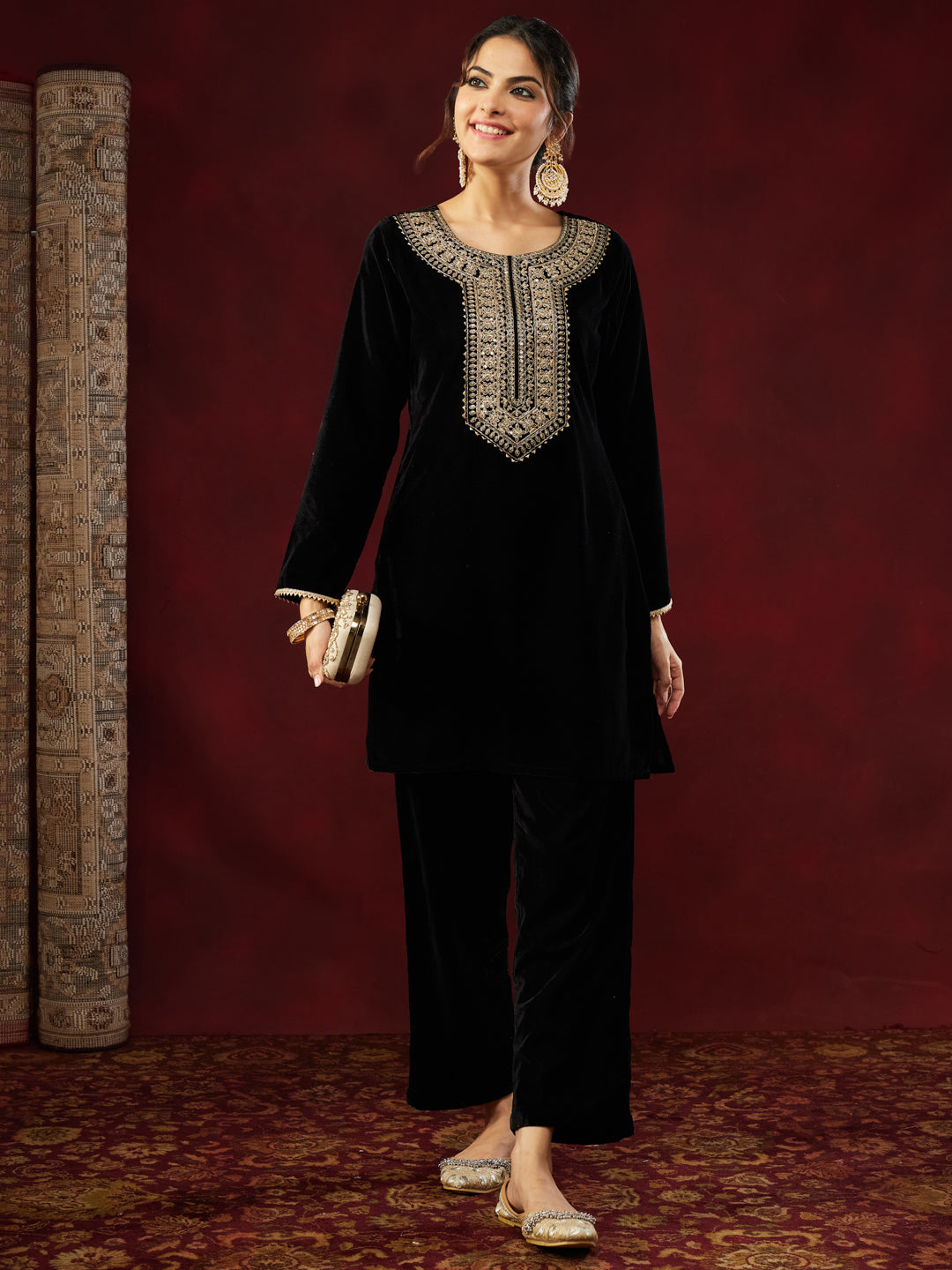Ninnique Women's Black Velvet Zari Yoke Embroidered Straight Co-ord Set