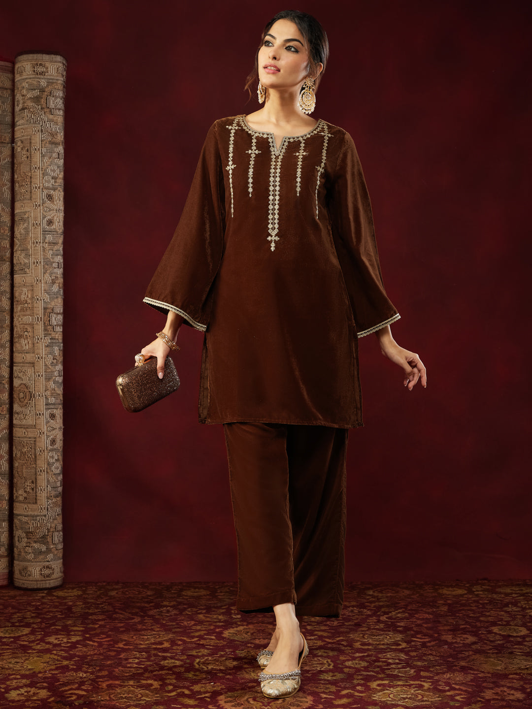 Ninnique Women's Brown Velvet Zari Embroidered Straight Co-ord Set