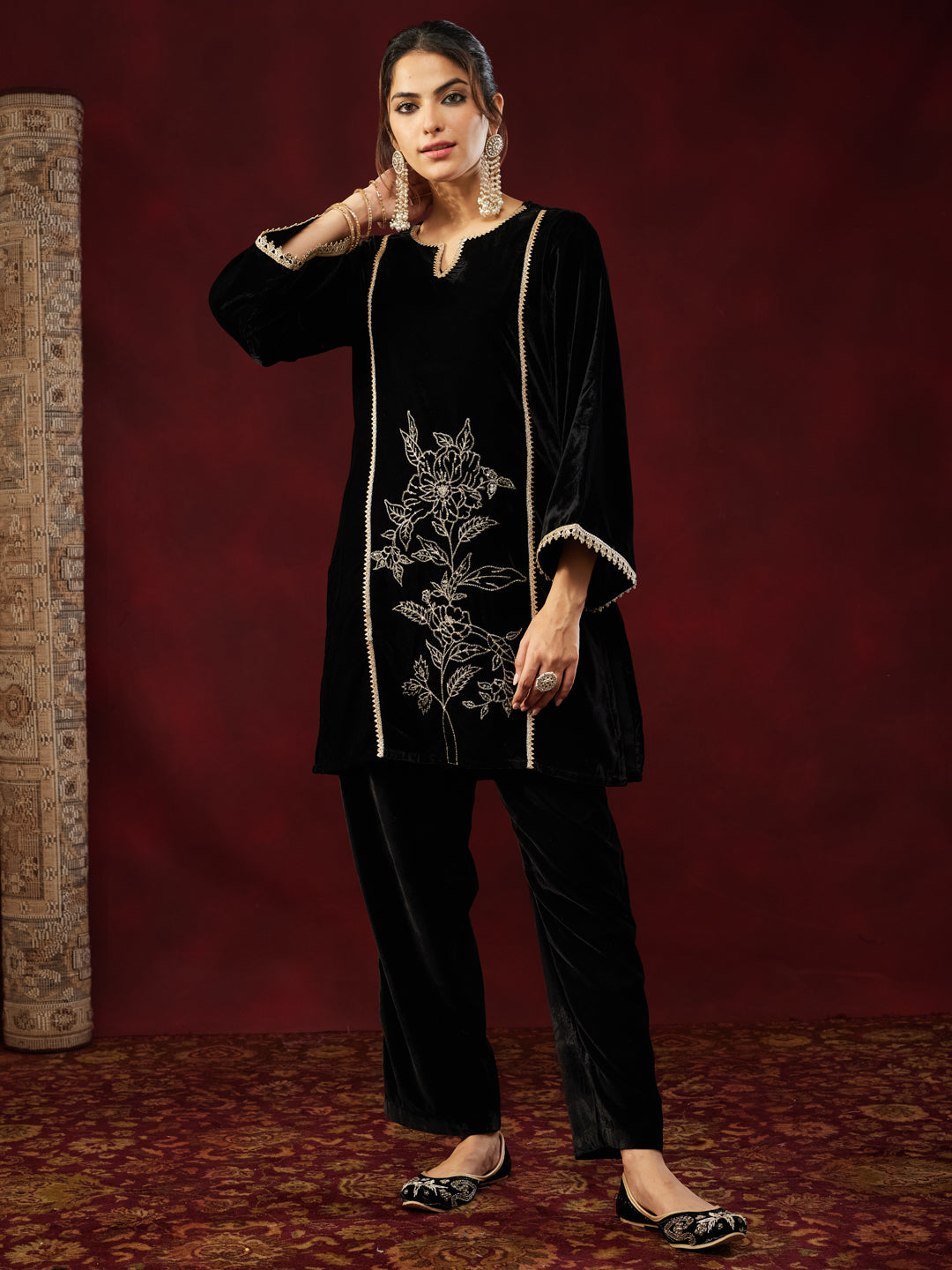 Ninnique Women's Black Velvet Embroidered Straight Co-ord Set