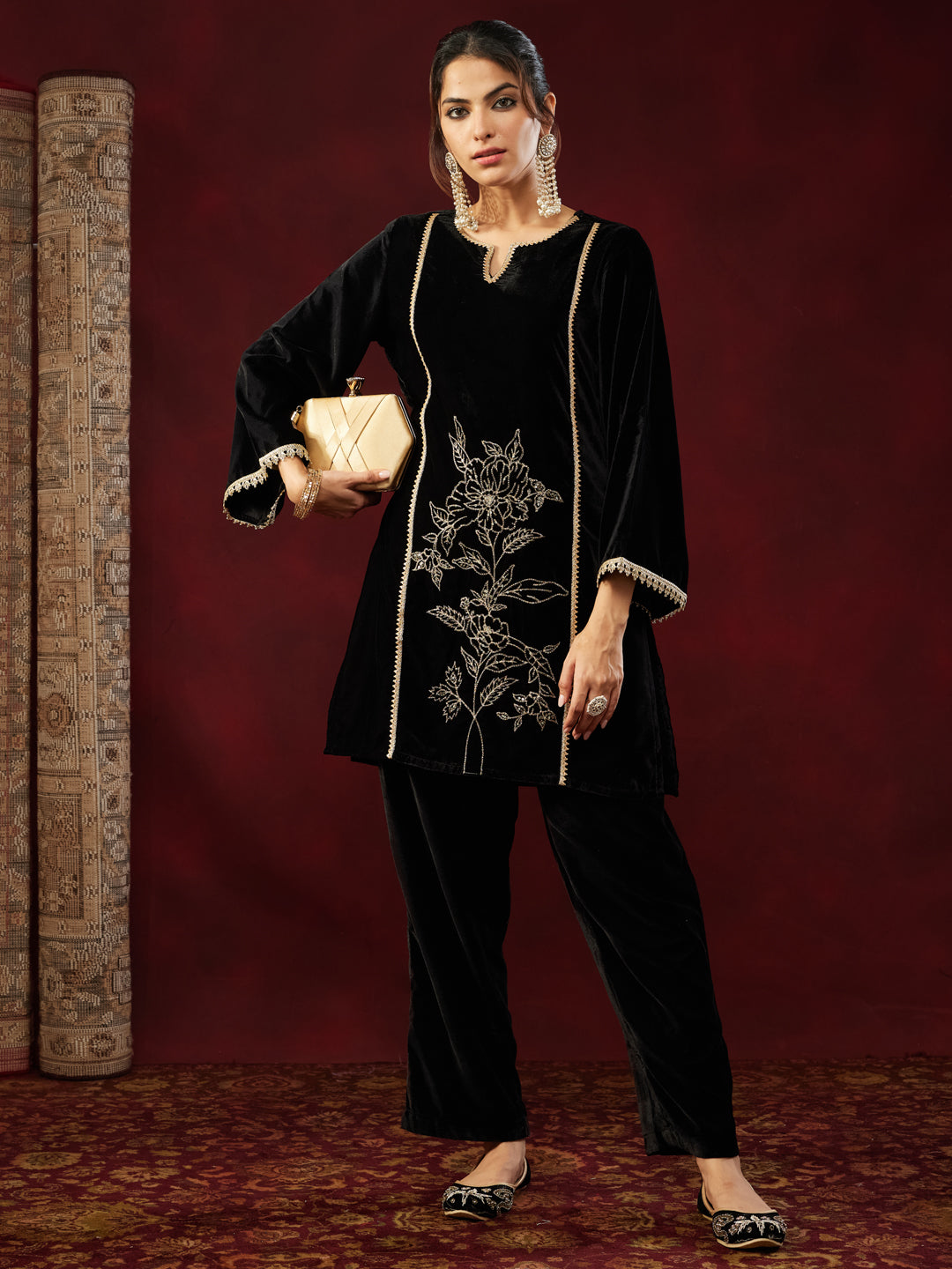 Ninnique Women's Black Velvet Embroidered Straight Co-ord Set