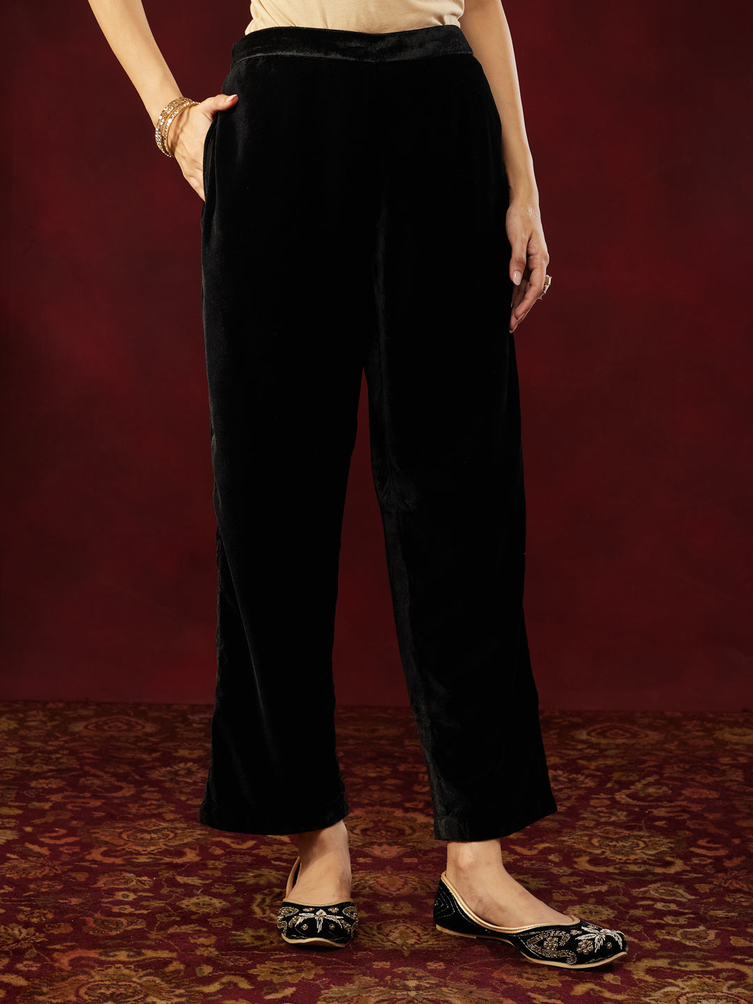 Ninnique Women's Black Velvet Embroidered Straight Co-ord Set