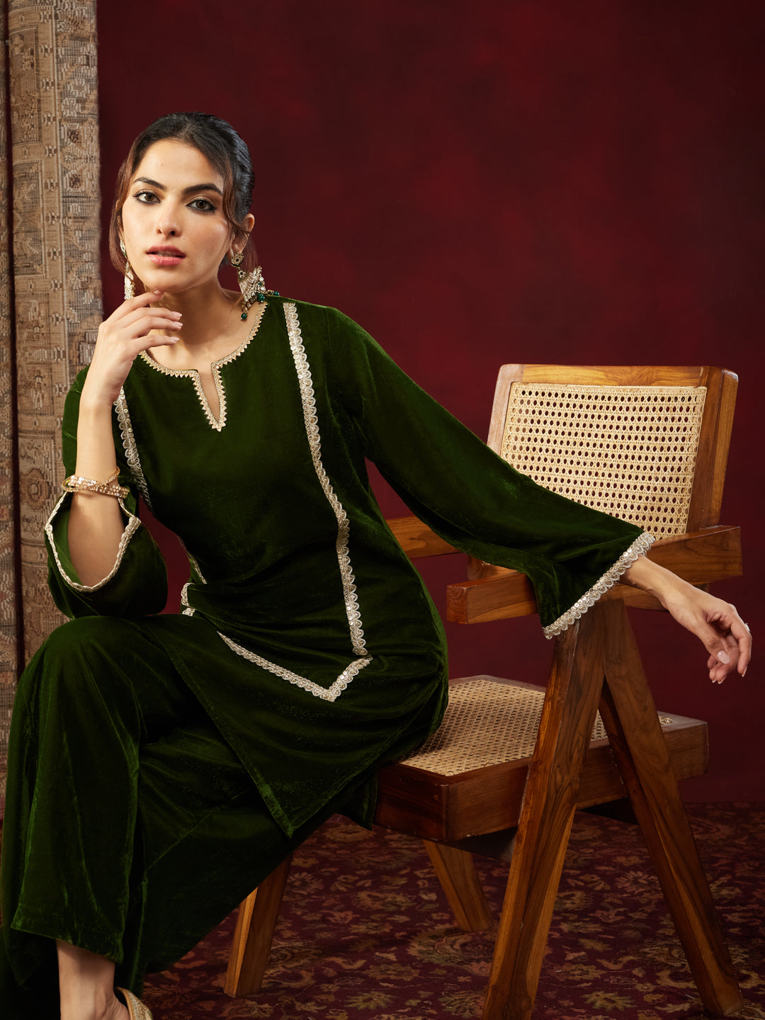 Ninnique Women's Olive Green Velvet Embellished Straight Co-ods Set