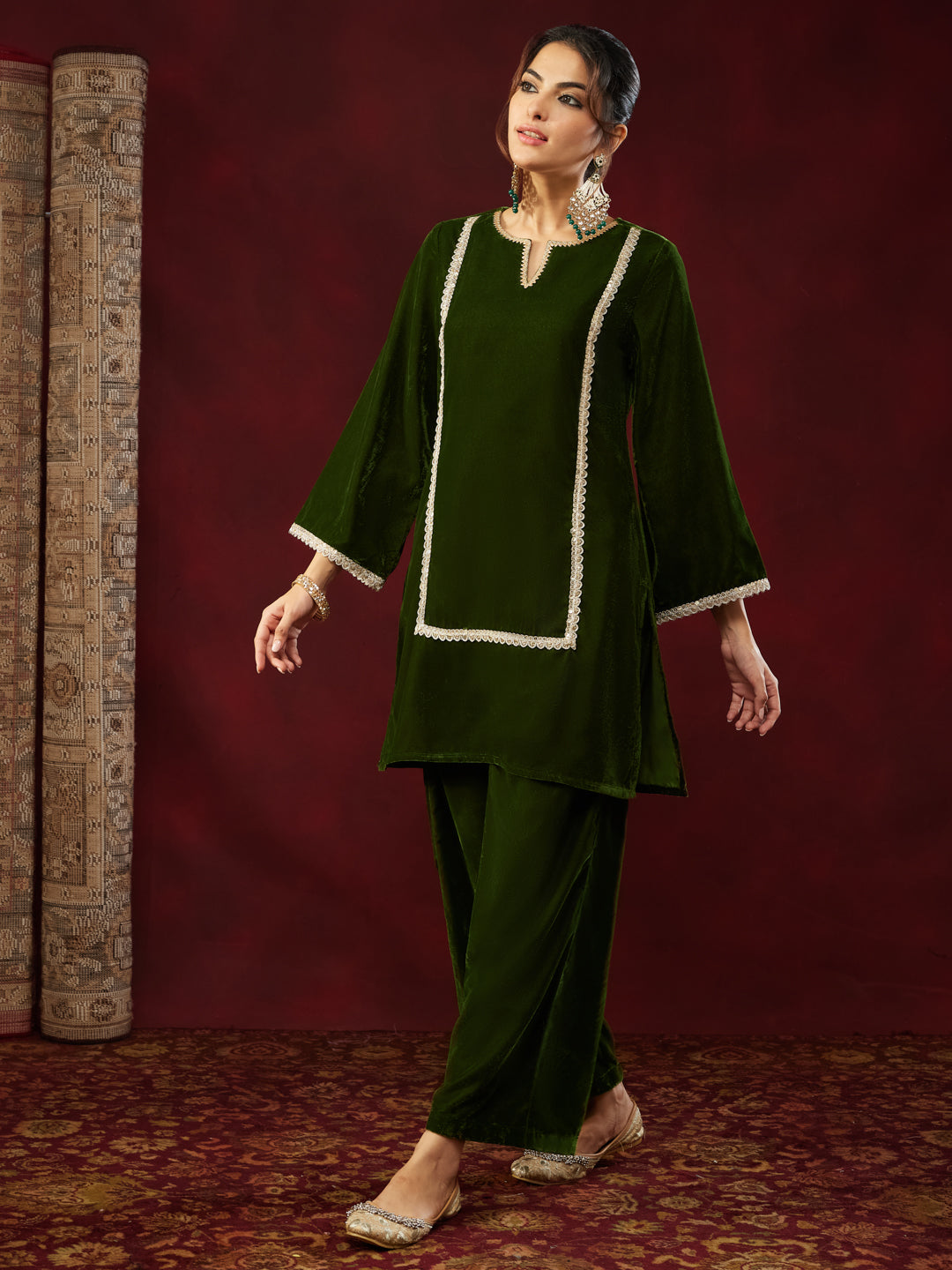 Ninnique Women's Olive Green Velvet Embellished Straight Co-ods Set