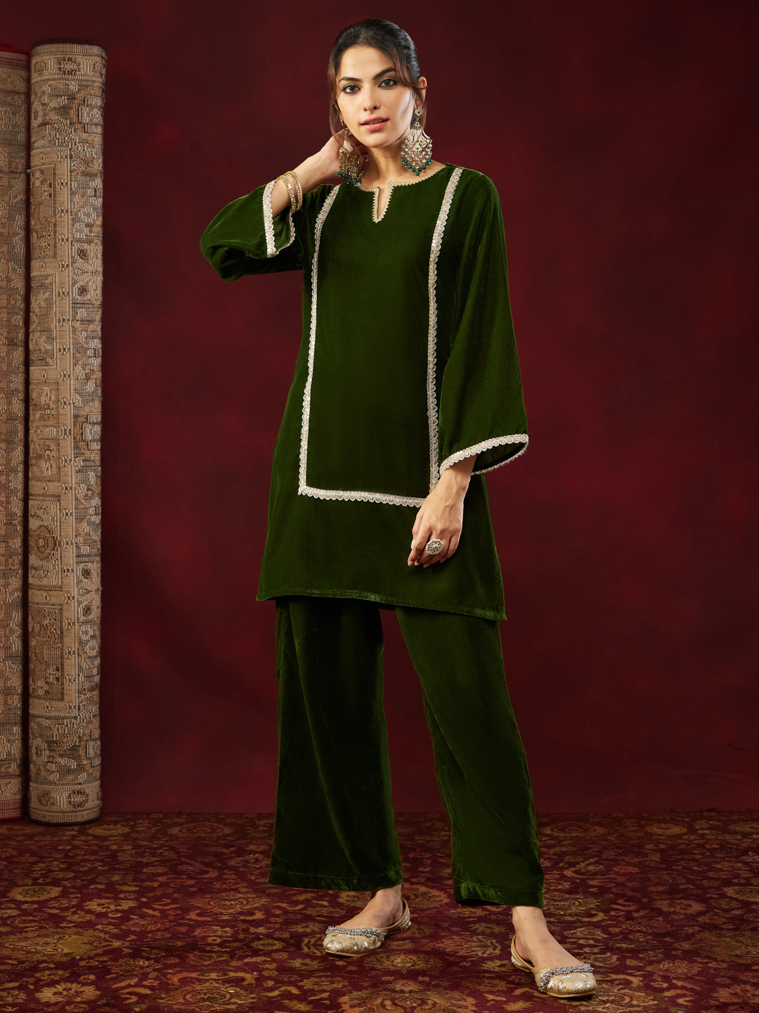 Ninnique Women's Olive Green Velvet Embellished Straight Co-ods Set