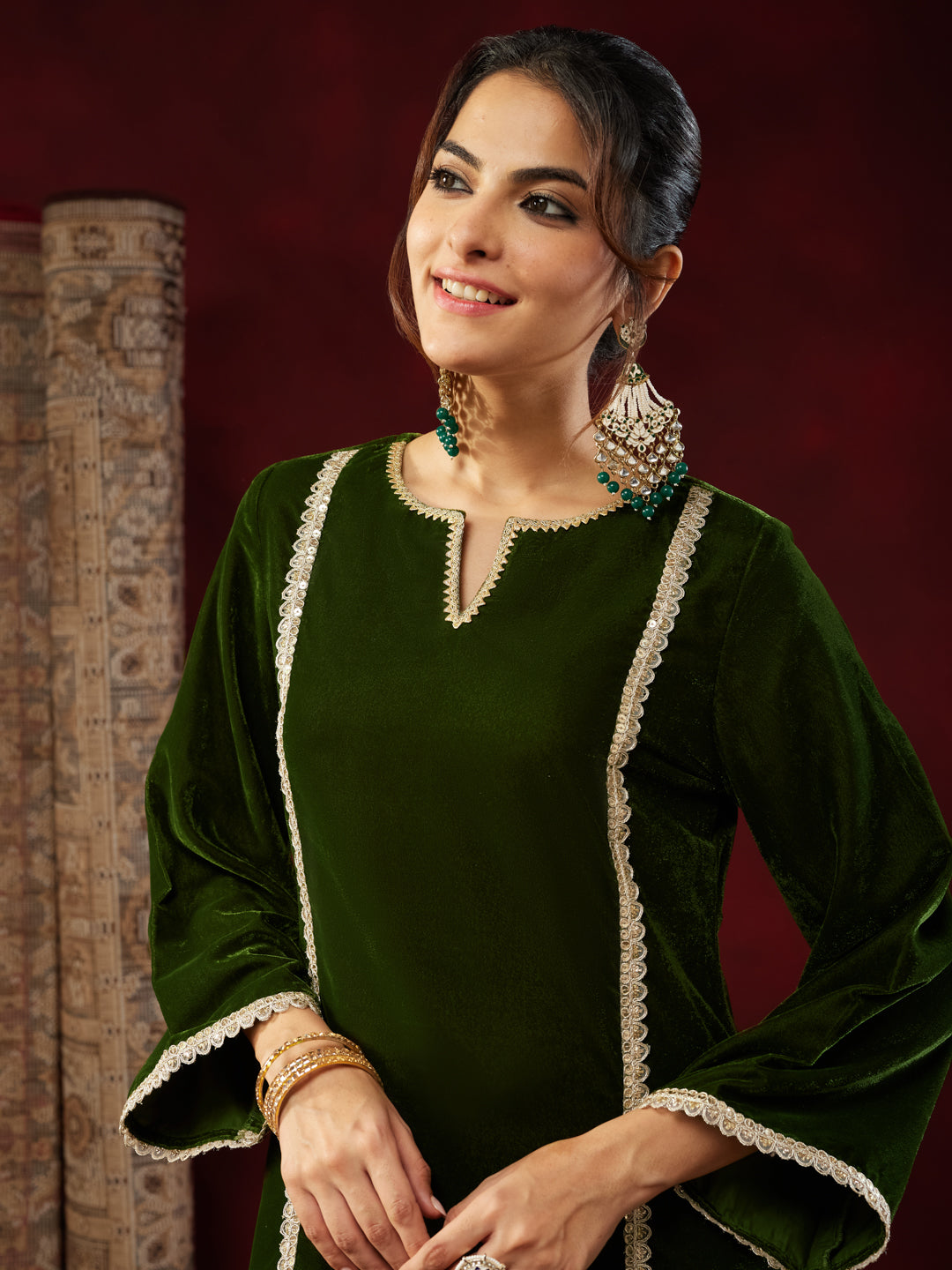 Ninnique Women's Olive Green Velvet Embellished Straight Co-ods Set