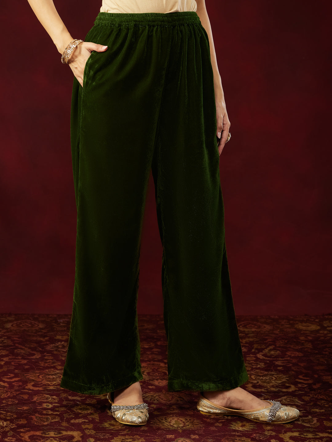 Ninnique Women's Olive Green Velvet Embellished Straight Co-ods Set