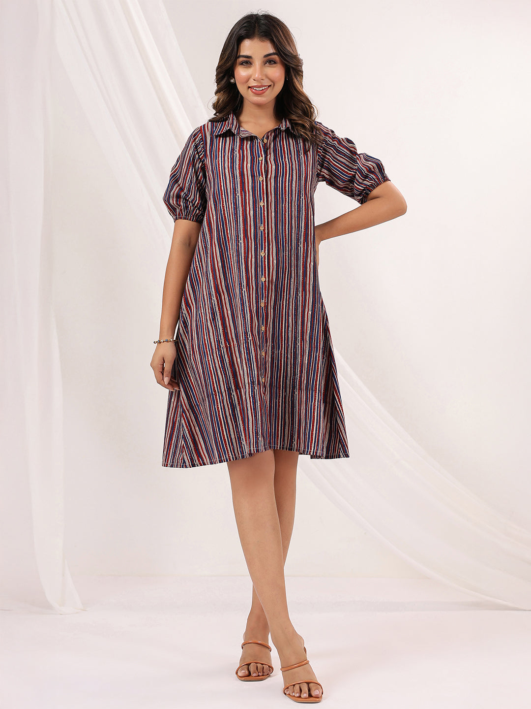 Ninnique Women's Multicolor Pure Cotton Striped A-line Dress
