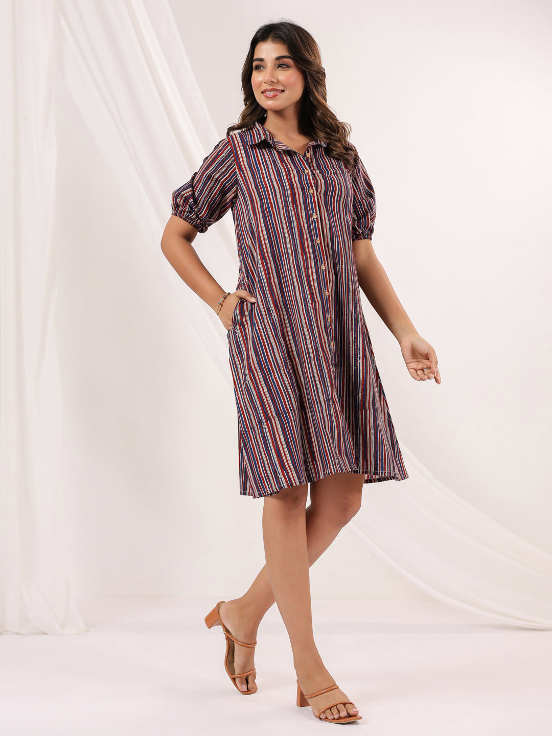 Ninnique Women's Multicolor Pure Cotton Striped A-line Dress