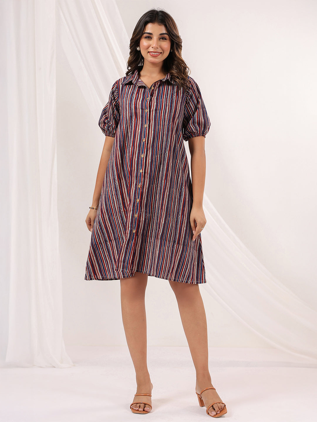 Ninnique Women's Multicolor Pure Cotton Striped A-line Dress