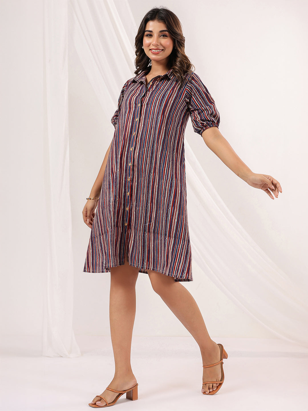 Ninnique Women's Multicolor Pure Cotton Striped A-line Dress