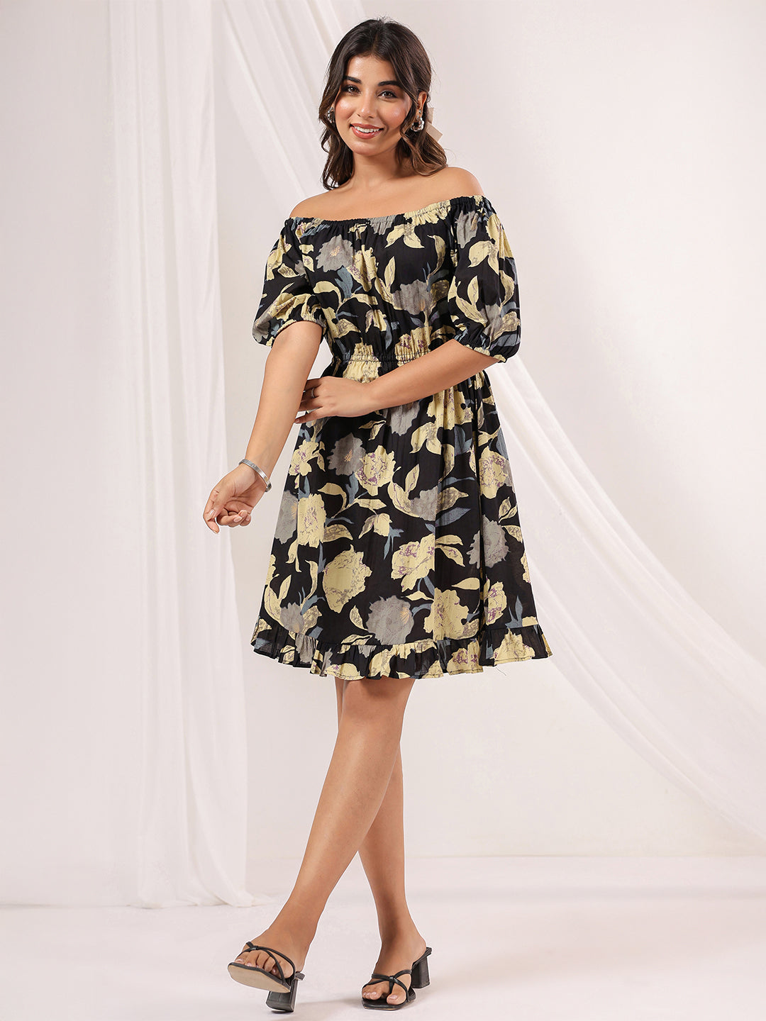Ninnique Women's Black Pure Cotton Floral Printed A line Dress