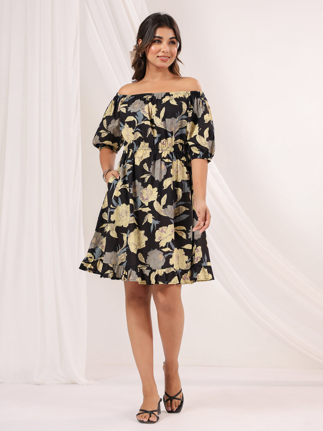 Ninnique Women's Black Pure Cotton Floral Printed A line Dress