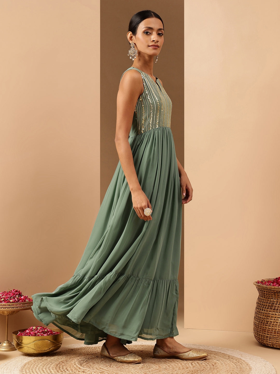 Ninnique Women's Sage Green Georgette Sequined Gathered Flared Gown